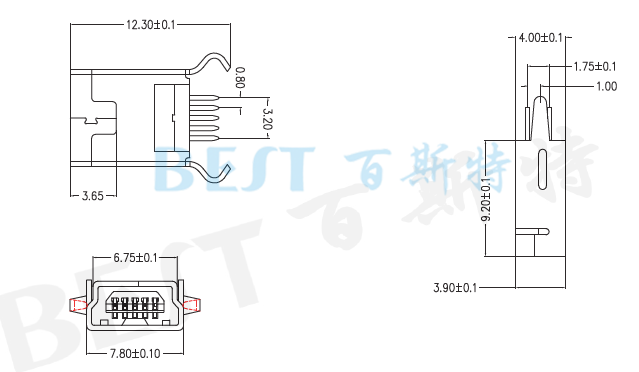 USB插座USB-4T-05參考圖紙 USB插座USB-4T-05參考圖紙