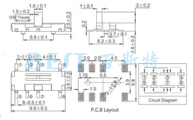 微型撥動開關MSK-23C01參考圖紙 微型撥動開關MSK-23C01參考圖紙